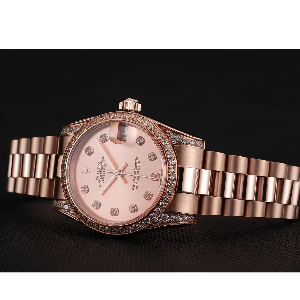 Best AAA Replica Sites DateJust Swiss Gold Dial Rolex Diamond Rose 1453977 Case Bracelet Rose Gold 0520